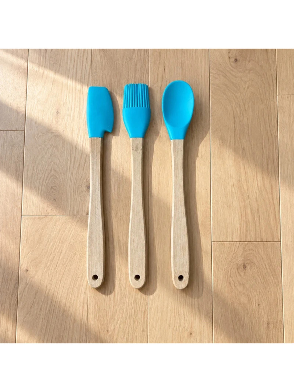3pc Mini Silicone Kitchen Utensil Set Blue Wooden Handles Baking Tools